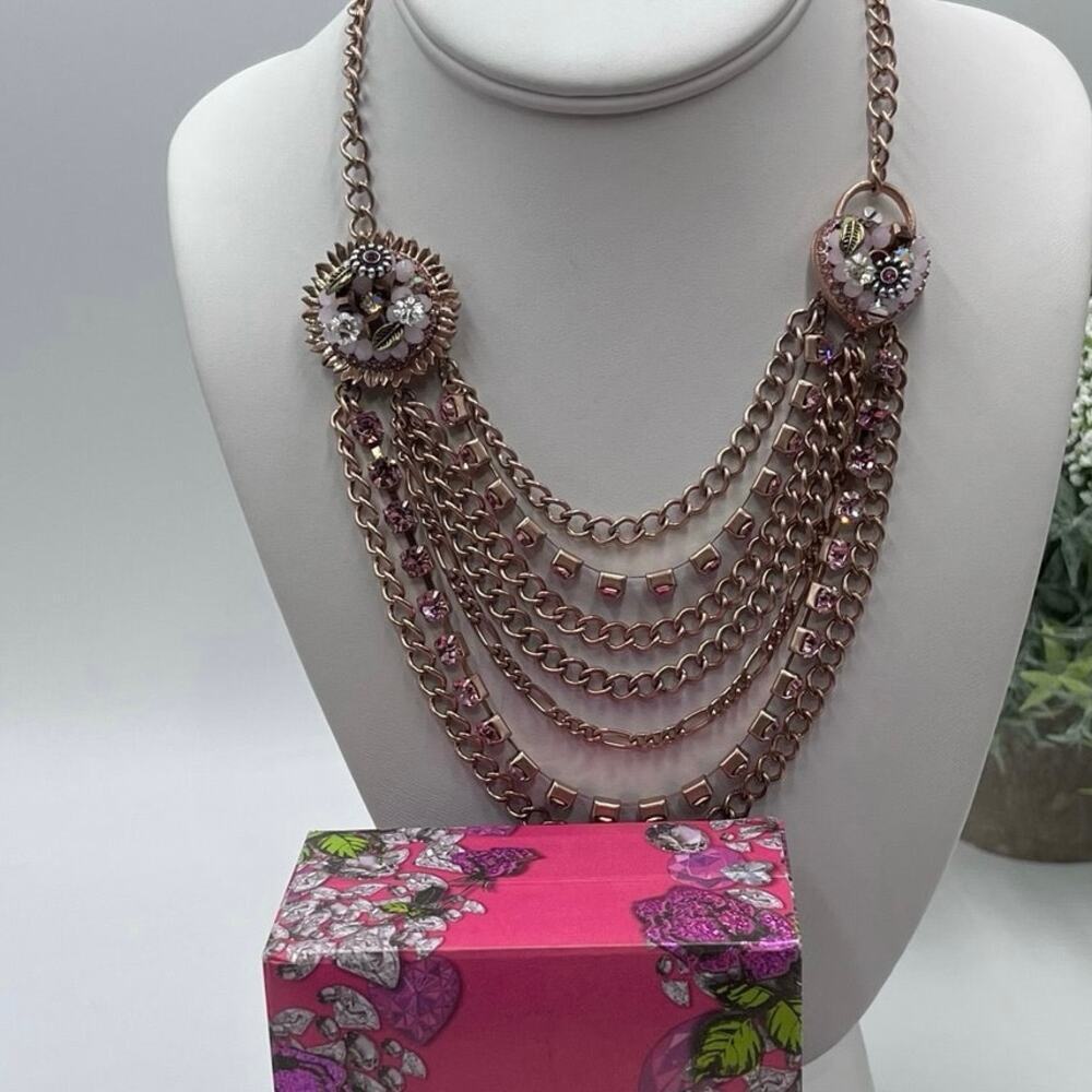 Betsey Johnson Pink Rose‎ Gold-Tone Woven Charm MultiChain Necklace New with Box
